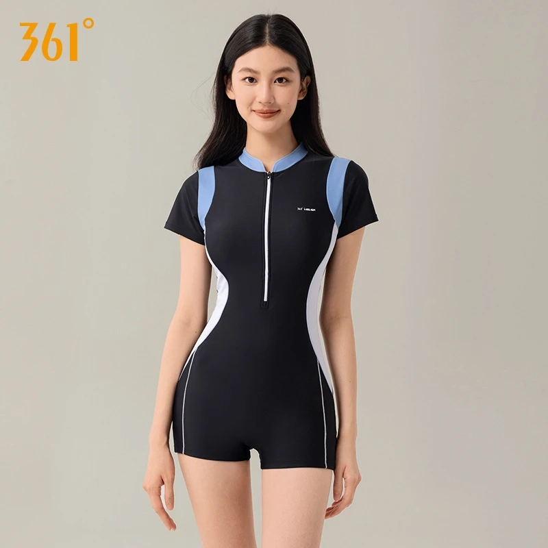 361Women One Piece Professional Quick-Dry Sport Bathing SwimWear Short Sleeve Front Zipper Paded Surfing Athletic Beach SwimSuit