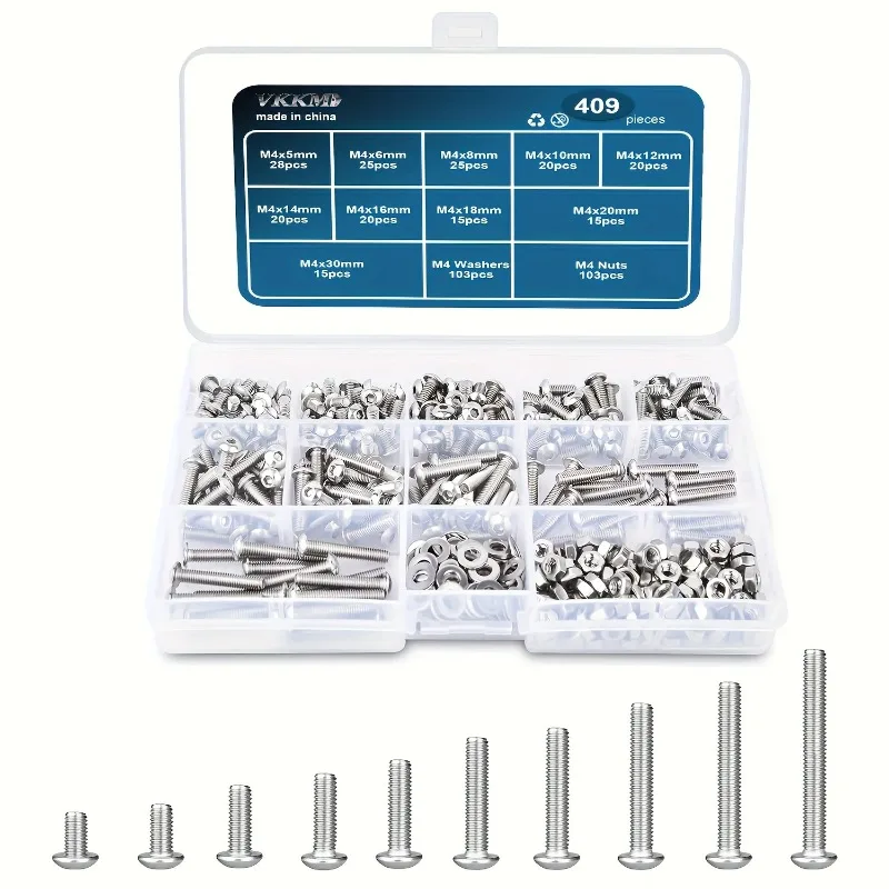 VKKM 409 pcs Stainless Steel M4 Hex Button Head Socket Cap Bolt Assortment Kit/Screws, Nuts & Washers Set, M4