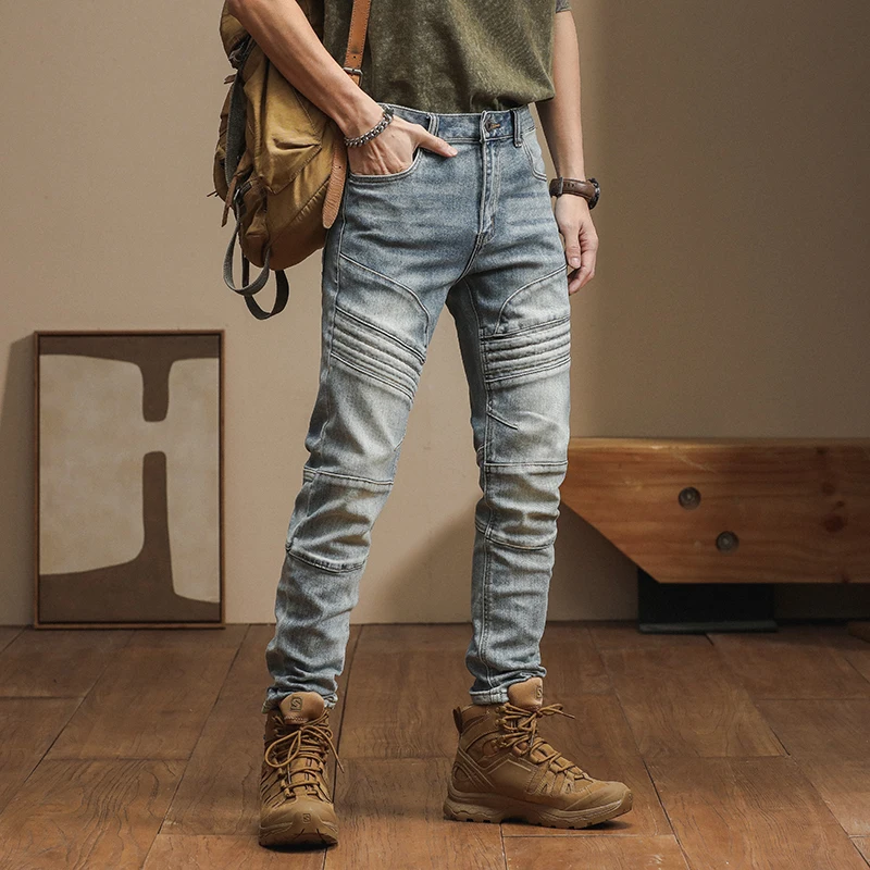 New American high-end trend Slim personality craft splicing biker small leg pants vintage men's jeans distortion denim