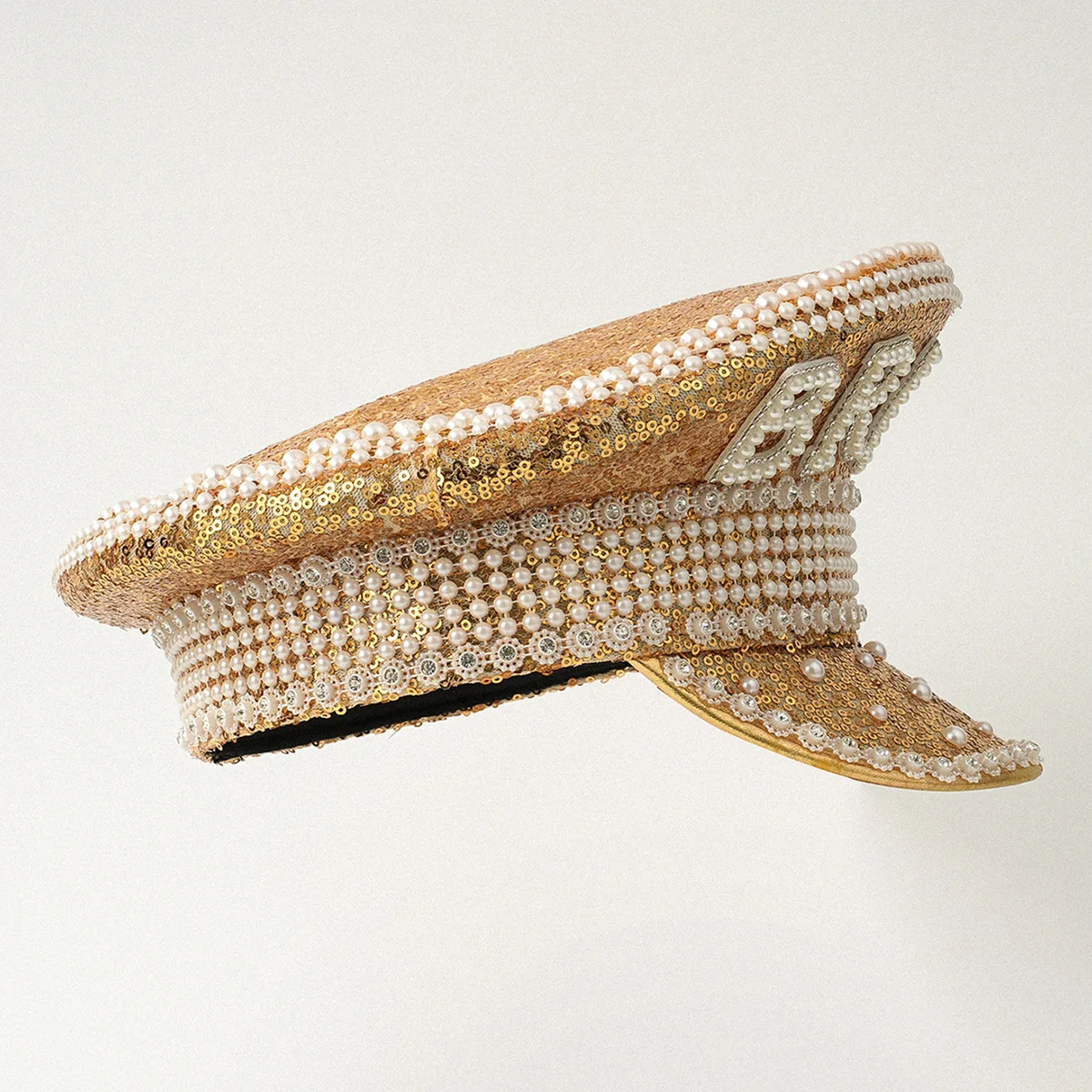 HongLuan gele laser lederen lus kapitein hoed strass & militaire petten voor dames, Rave Festivals accessoires & feestpet man