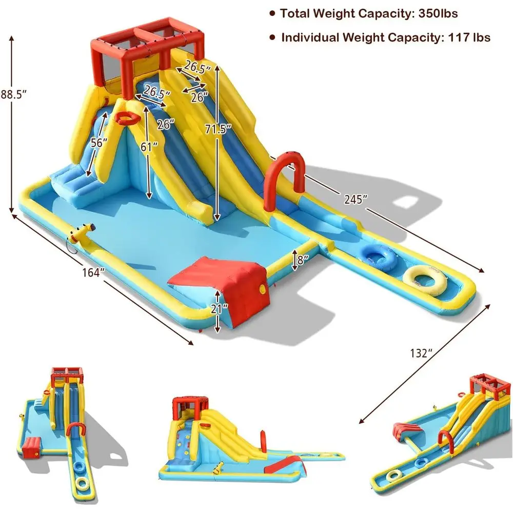 Iatable Water Slide, Double Long Slides Riesiges Waterpark Waterslide Iatables mit Kletterwand und Spritzbecken, Outdoor Blow