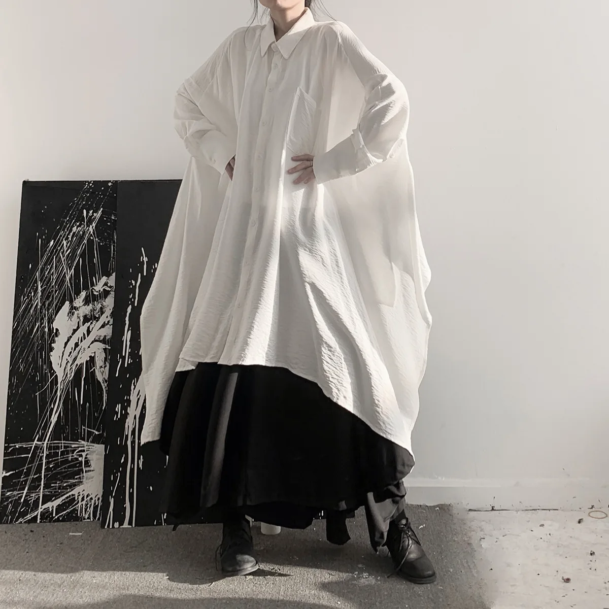 2026 New Women's Loose Batwing Sleeve Midi Shirt Edgy Neutral Style Asymmetric Hem Long Blouse Casual Oversized Top