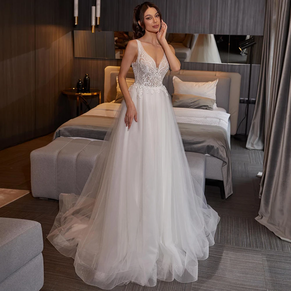 

Charming V-neck Tulle Wedding Dress for Woman Classic Sweep Train Open Back A-line Appliques Lace Bridal Gowns Robe de mariée