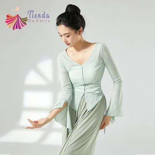 우아한 여성용 클래식 댄스 탑, 라이트 무게추 혼, 긴팔 바디 라임 셔츠, 섹시한 V넥 슬림, 현대 중국 국가 티 