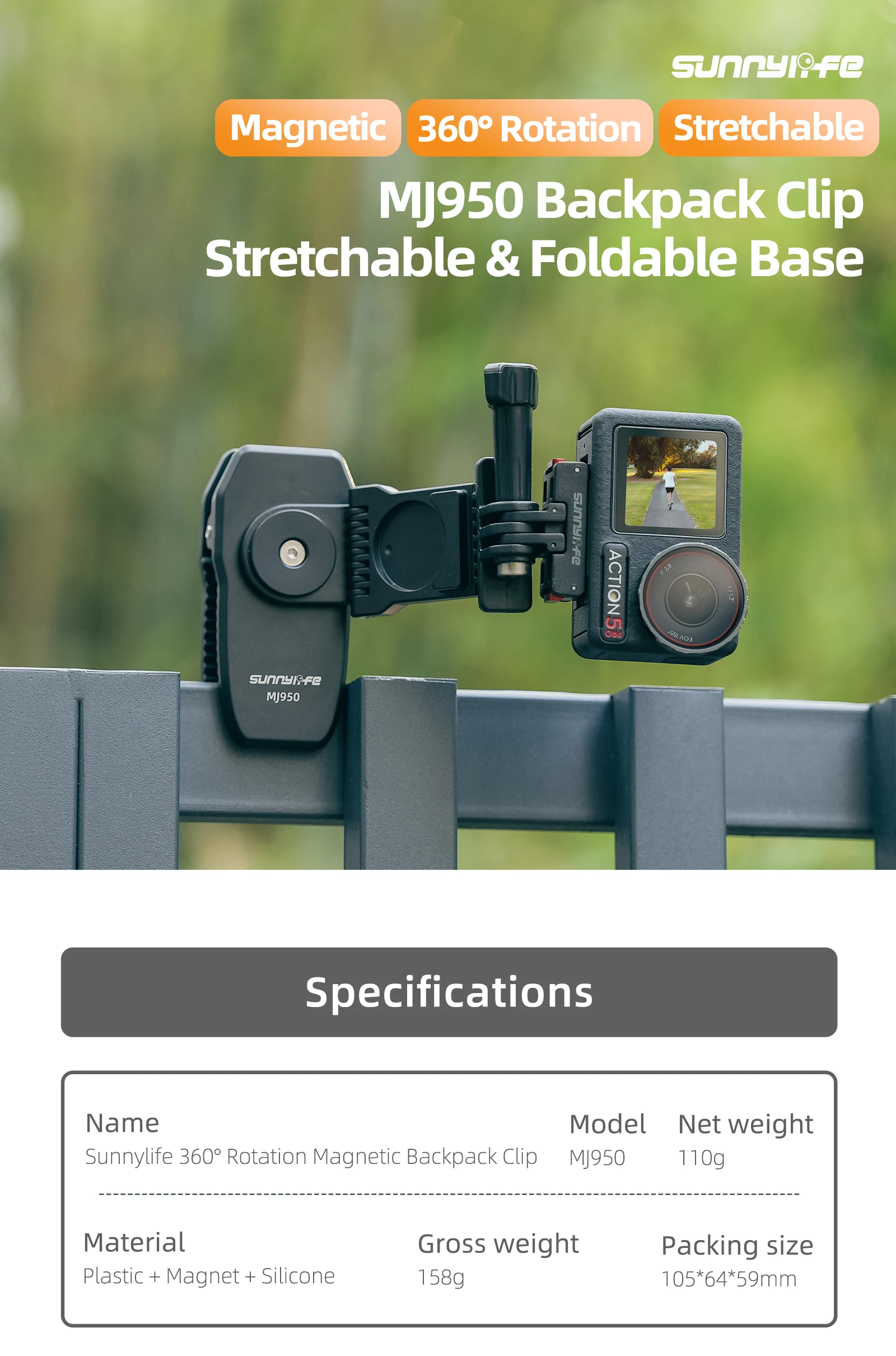 Stretchable Backpack Clip Rotatable Magnetic Mount Action Camera Holder Vlog Mount For Osmo 360/ Action 5 Pro/ 360 X5/ Pocket 3