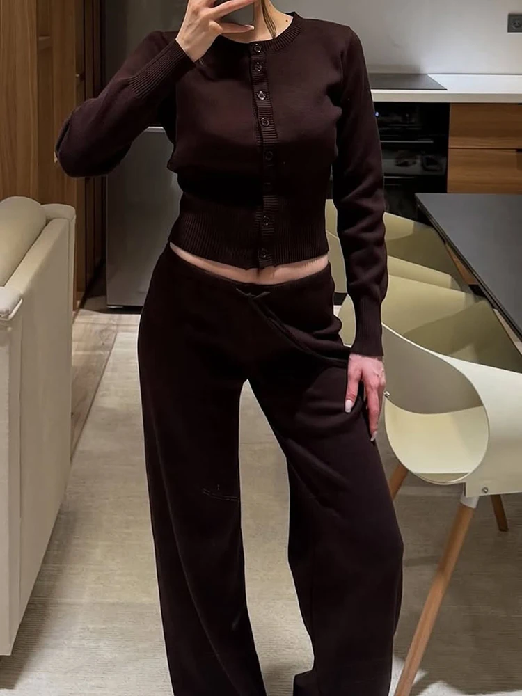 

Ticketsx Fashion Women 2-Piece Set Solid Knit Button Slim Cardigan Drawstring Pant Retro Casual Streetwear Female Knit Pants Set