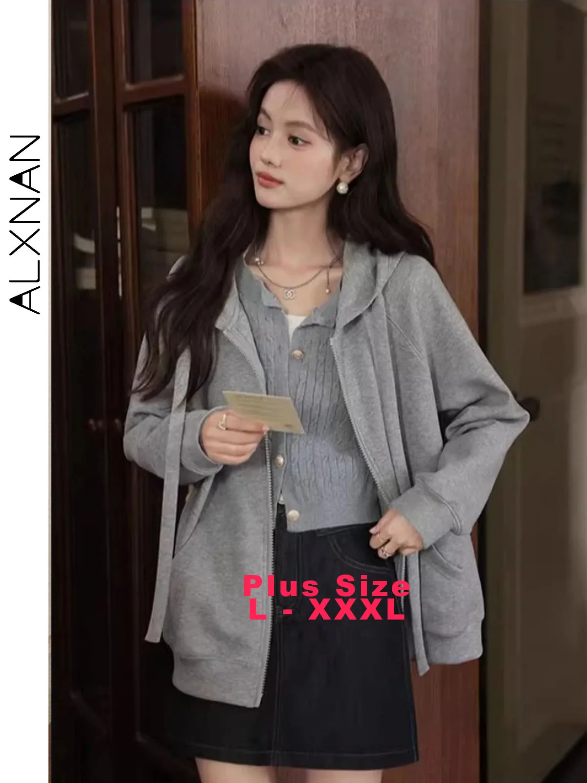 

ALXNAN Plus Size Gray Hoodies Double Zipper Women's Sweatshirts Autumn Loose-fit Sports Pockets Casual Long Sleeve Coats D12639