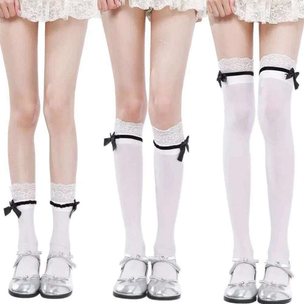 1 Pair Sweet Black/White JK Socks Lace Edge Thin Fabric Knee-high Socks Bow Knot Design Lolita Socks Summer Wea