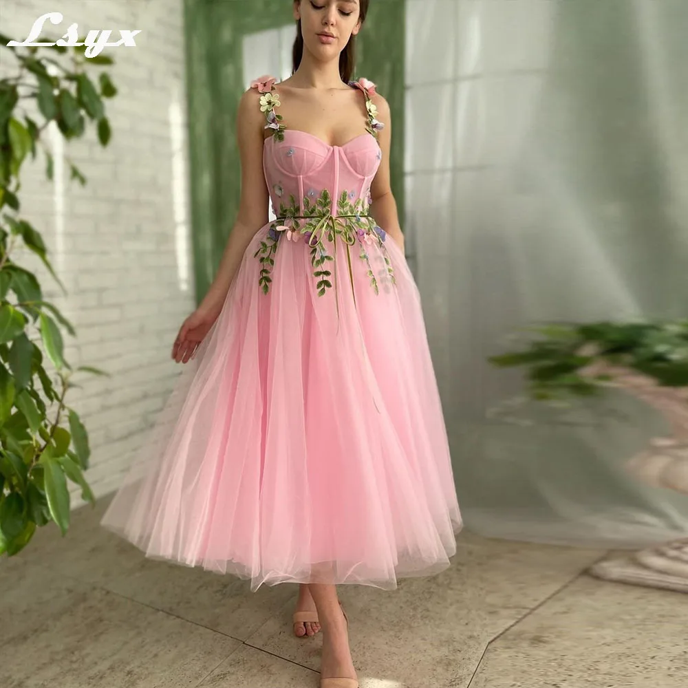 

LSYX Pastrol Tea-Length Prom Gown Floral Appliques Spaghetti Strap A-line Evening Dresses 2024 Backless Birthday Party Dresses