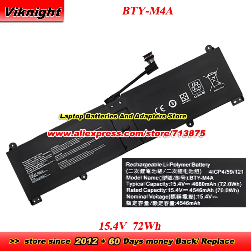 

BTY-M4A Battery 15.4V 72Wh for STEALTH 14 STUDIO A13VE A13VF A13VG A13VF-053CA Summit E14 Evo A12M Flip Evo A12MT A12MT-220KH
