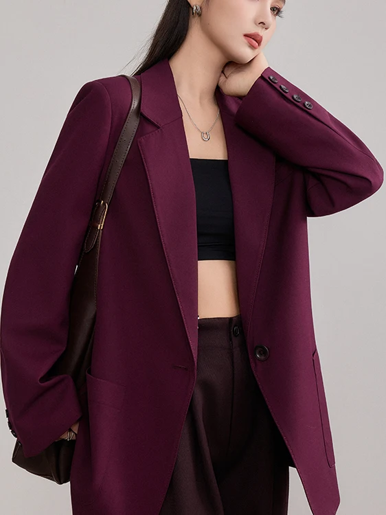 

Angola Red Woolen Women's Suit Jaet Casual Loose Fit Retro Sle Korean Faion Long Sve Button ket Commute Daily Wear