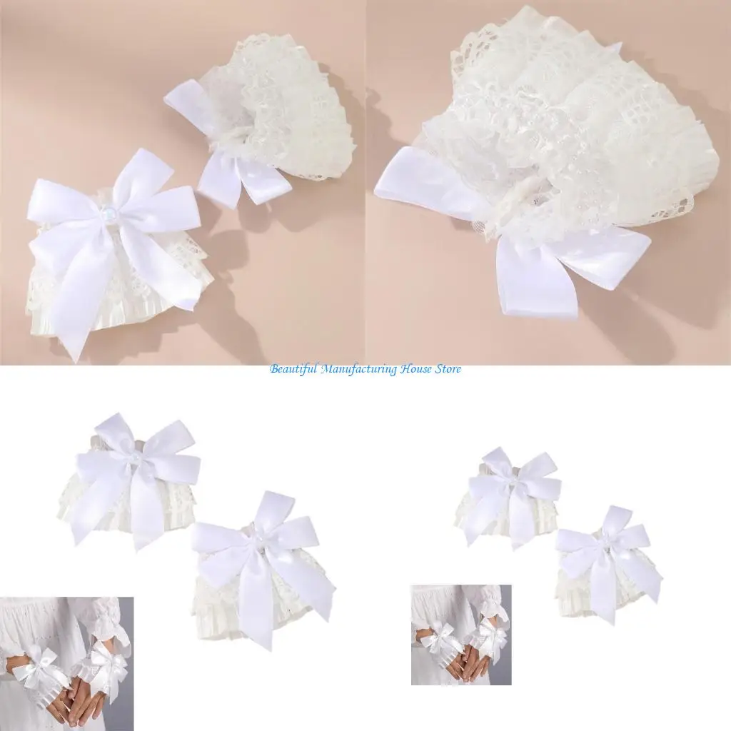 E56A Elegant Pearls Lace Wrist Cuff False Sleeves Bowknot Jabot Costume Accessory Ribbon Ruffled Brim Crosses Wristband