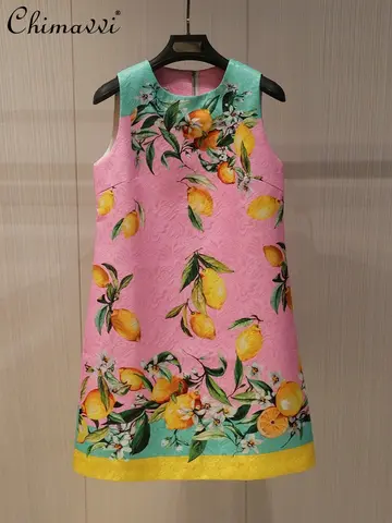 2025 Spring and Summer New Fashion Jacquard Print Lemon Slim Vest A-shaped Dress Temperament Short Sleeveless Dresses Women