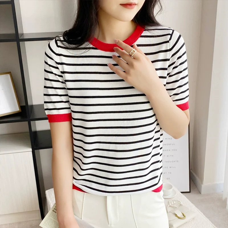 

Ice Silk Short Sleeve Knitted Women's Summer Thin Stripe T-Shirt Spring Inner Wear Sweater Korean Style Low round Neck Top