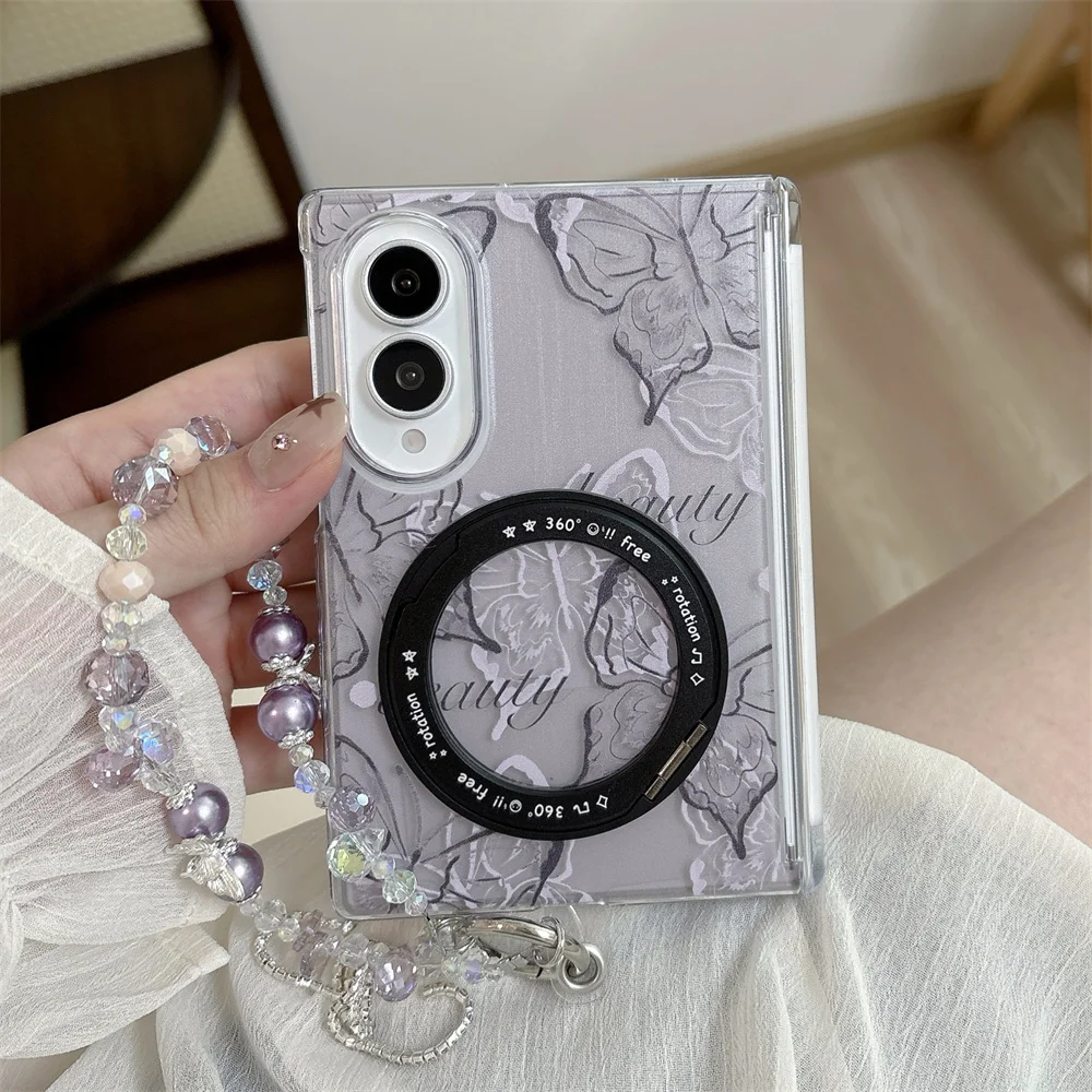 Elegant Purple Butterfly Magnetic 360°Rotating Stand Case For Samsung Galaxy Z Fold 8 Protection Purple Pearl For Magsafe Cover