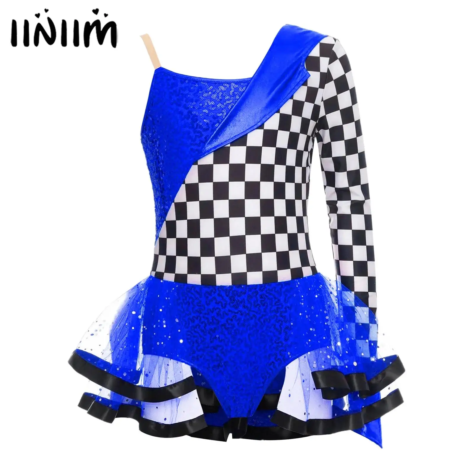 

Girls Sequins Racer Race Car Driver Cosplay Costume Halloween Outfits One Shoulder Single Sleeve Checkerboard Shiny Tutu Dress