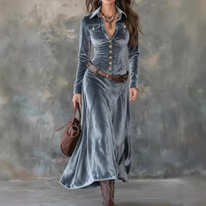 

2026 European and American Cross border New Western Bohemian Style Velvet Belt Dress
