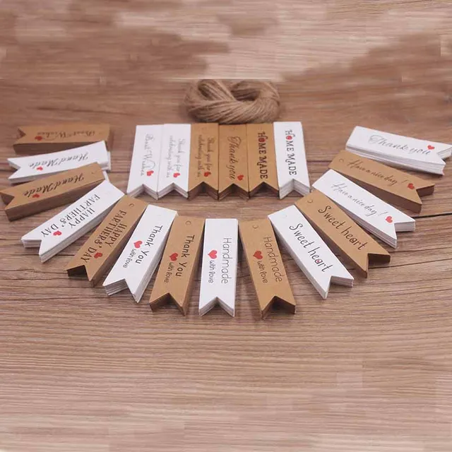 50 szt. 2x7cm brązowe/białe etykiety upominkowe z papieru pakowego z 10-metrową liną, etykiety papierowe ślubne z podziękowaniami, prysznice dla dzieci, etykiety świąteczne