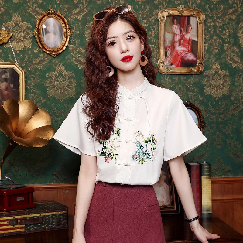 

Летняя женская рубашка с коротким рукавом, Модная белая шифоновая рубашка с вышивкой, блузка, женские топы, модные женские рубашки 2024, летние H823