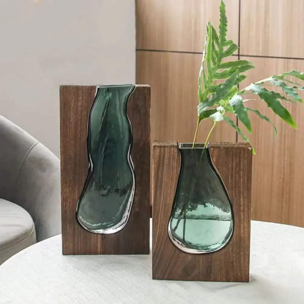 

Flower Arrangement Bottle Wooden Glass Vase Creative Modern Hydroponic Flower Holder Exquisite Transparent Flower Pot Homestay