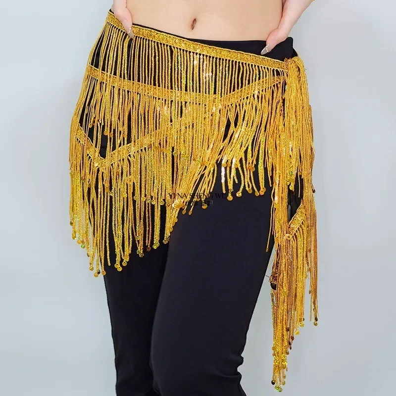 Goldener Bauchtanz-Hüftschal mit Quasten, glitzernden Pailletten und Fransen – Jazz-Shimmy-Wrap für Mädchen-Tanzunterricht und Auftritte