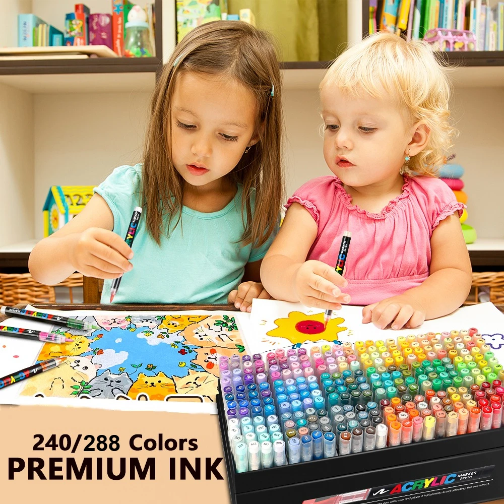 240/288 Colors Art Markers Soft Brush Tip Acrylic Markers Professional Major Color Systems For Painting DIY Gift Art Supplies