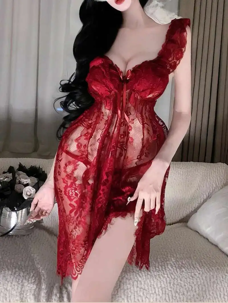 الدانتيل الحلو شبكة موضة النساء 2025 فساتين جديدة حجم كبير مثير الدانتيل ثوب النوم منظور بيجامة فستان أنيق GJ8J