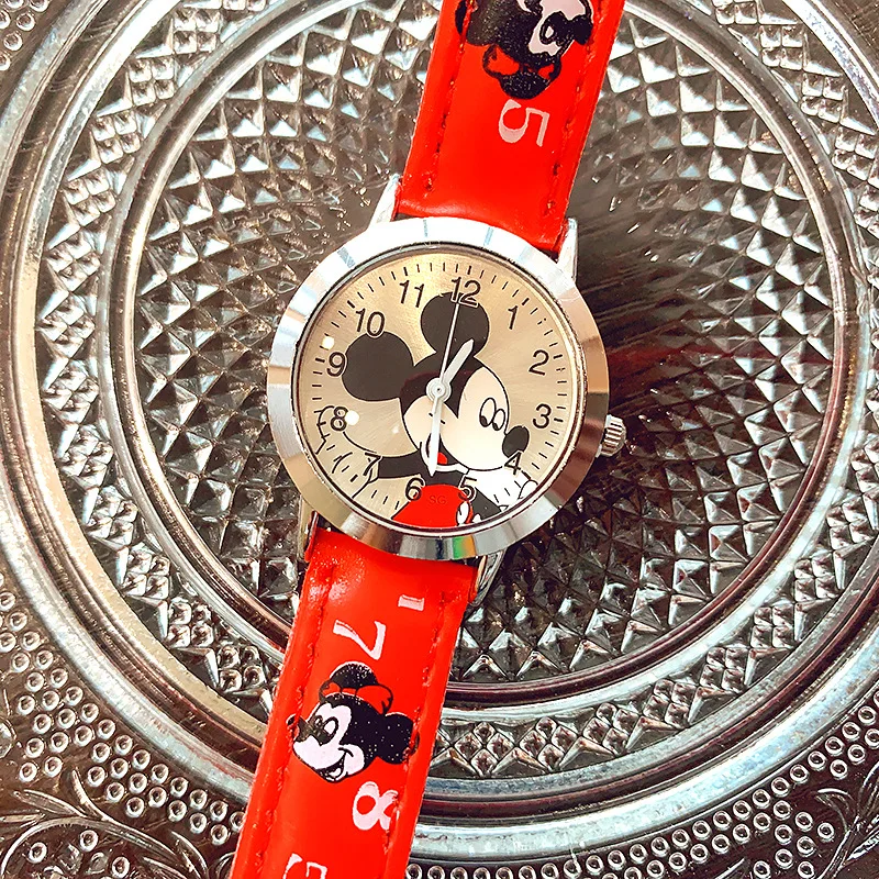 Novo bonito mickey crianças relógio de moda pu pulseira de relógio de quartzo dos desenhos animados relógios para meninas do menino à prova