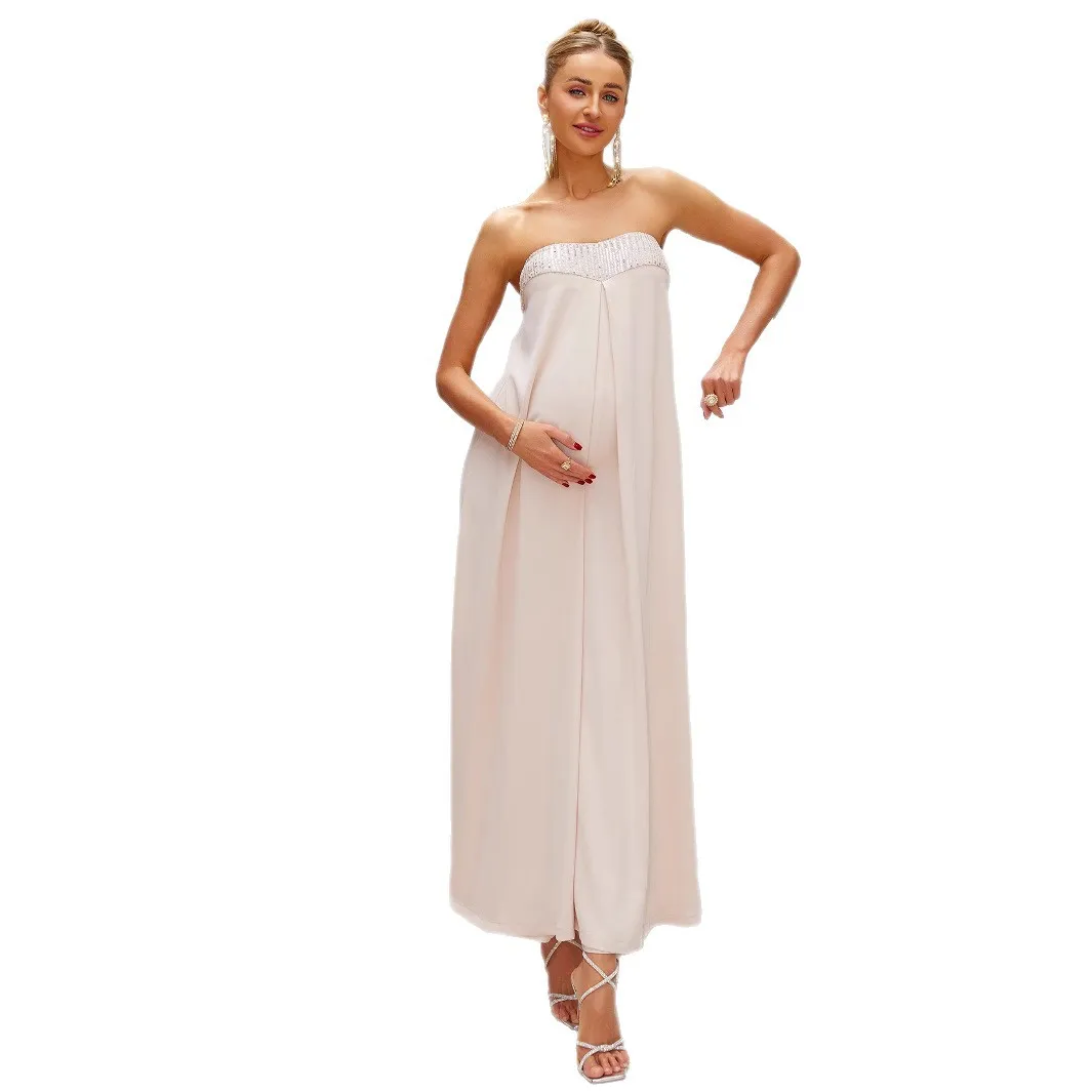 

Pregnancy Evening Dress Khaki V Neck Maternity Dress with Sequins Sleeveless Dress for Pregnant Woman Maternity Evening Dresses