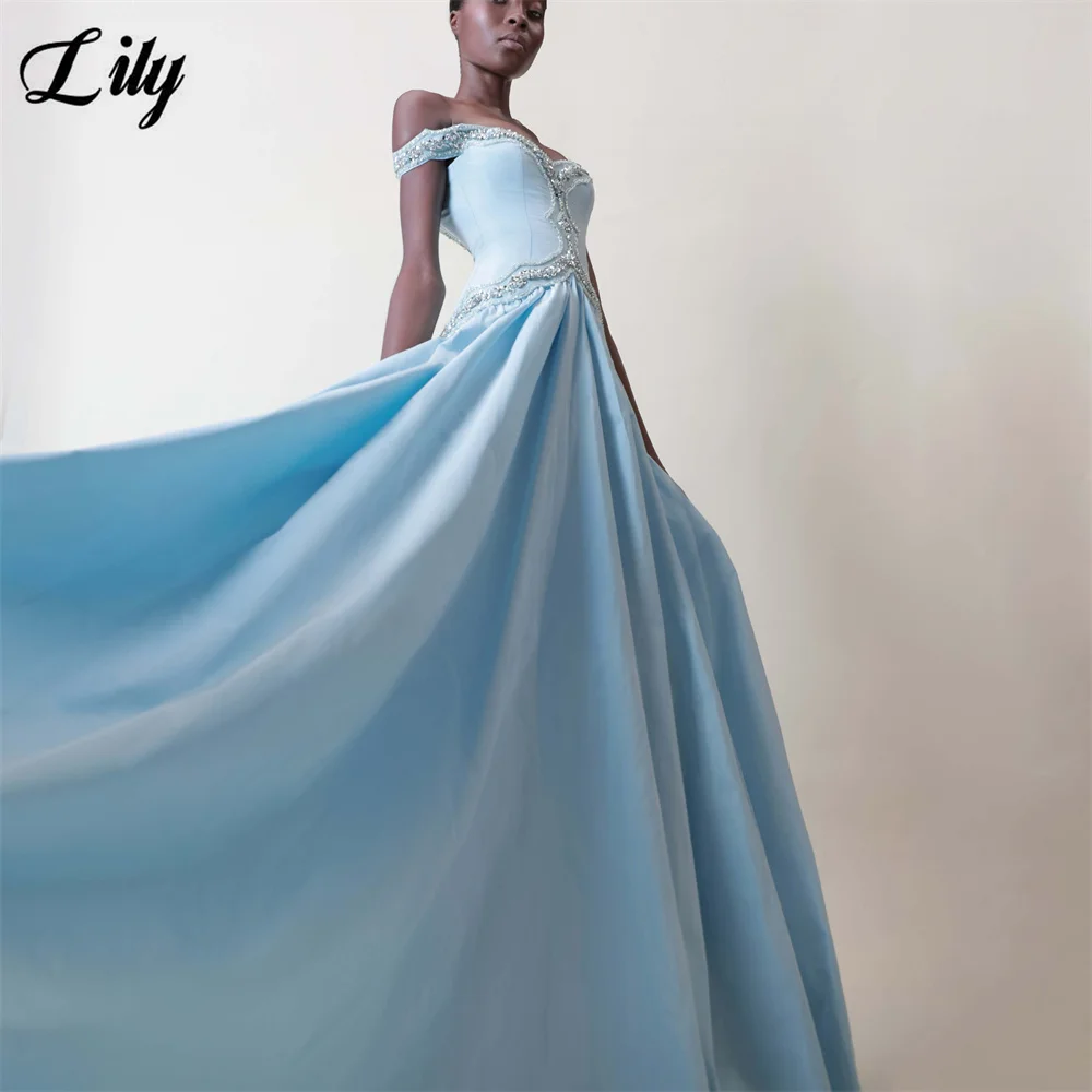 Lily Blue Satin Prom Dresses Off Shoulder Pleated Celebrity Dress Pleated A Line Evening Dress Beaded Crystal 프롬 드레스 Customized