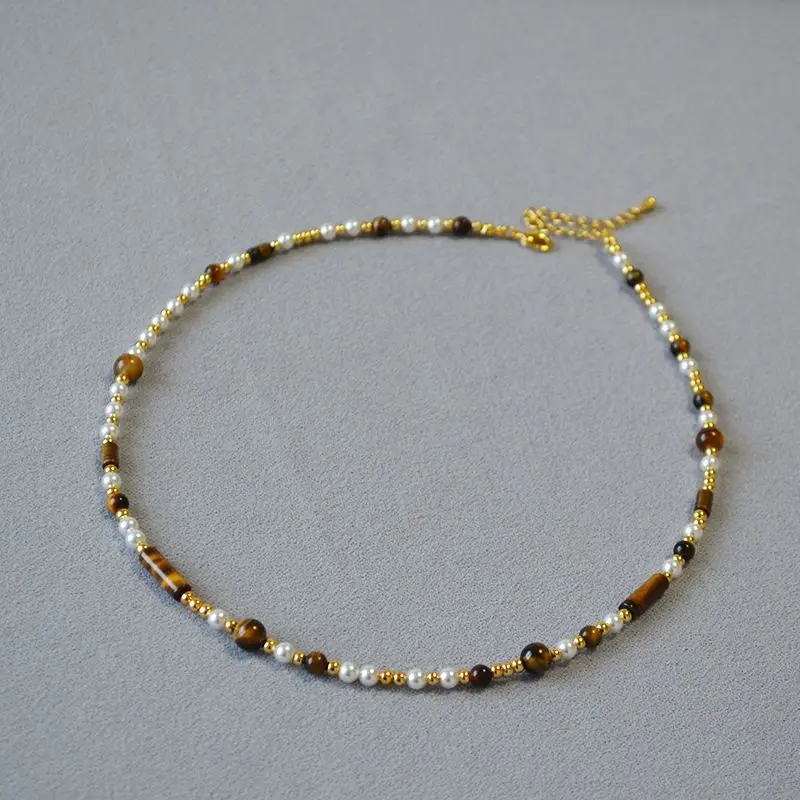 Niche Retro Mirador Style Tiger Eye Stone Pearl Splicing Beads Asymmetric Necklace Collarbone Chain