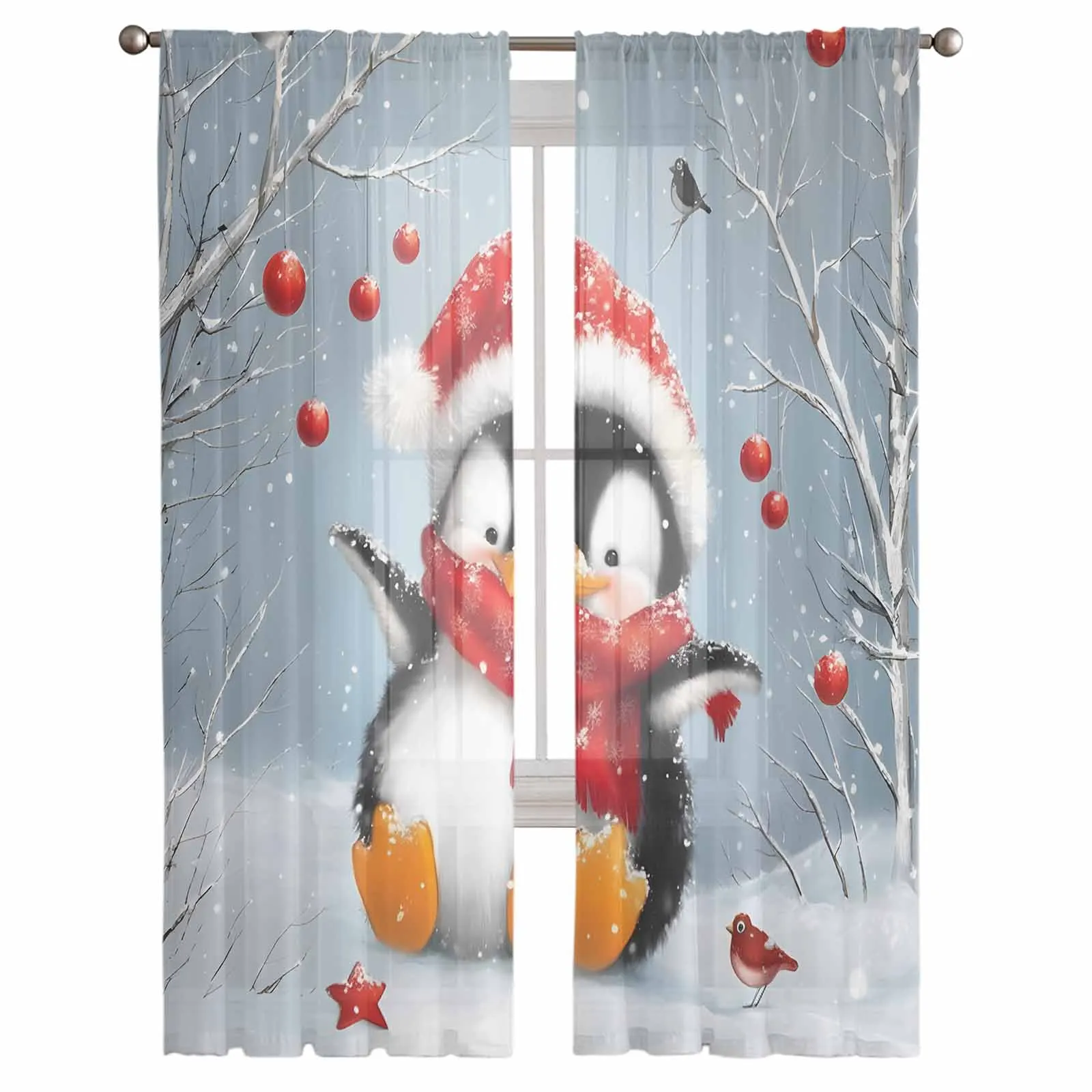 Christmas Lantern Bird Penguin Oil Painting Window Treatment Tulle Modern Sheer Curtains for Kitchen Living Room Curtains Decor