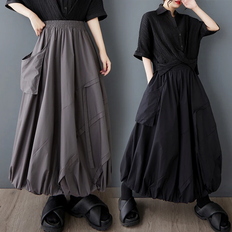 

Summer New Loose 3D ket Pleated Versatile Fluffy f Skirt High Waist Polyester Cotton Blend mid Length Color