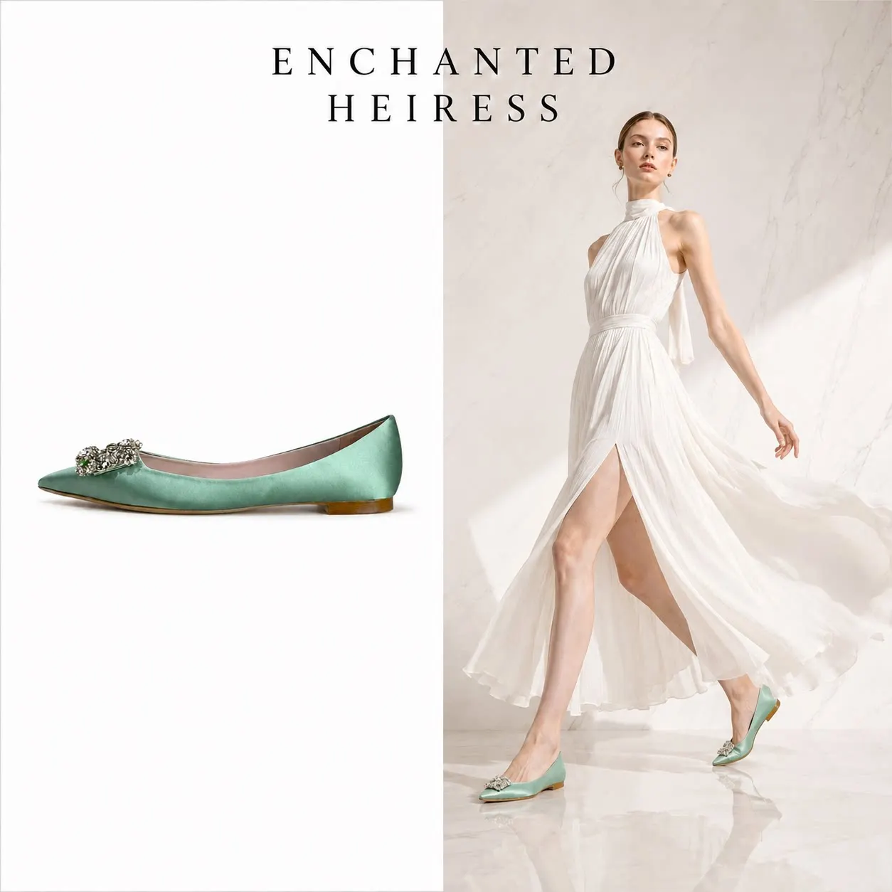 HLTINO Top Quality Women Flats with Snow Rhinestones Green Slip on Dress Shoes Retro Spring Silk Sation Shoes with Square Button