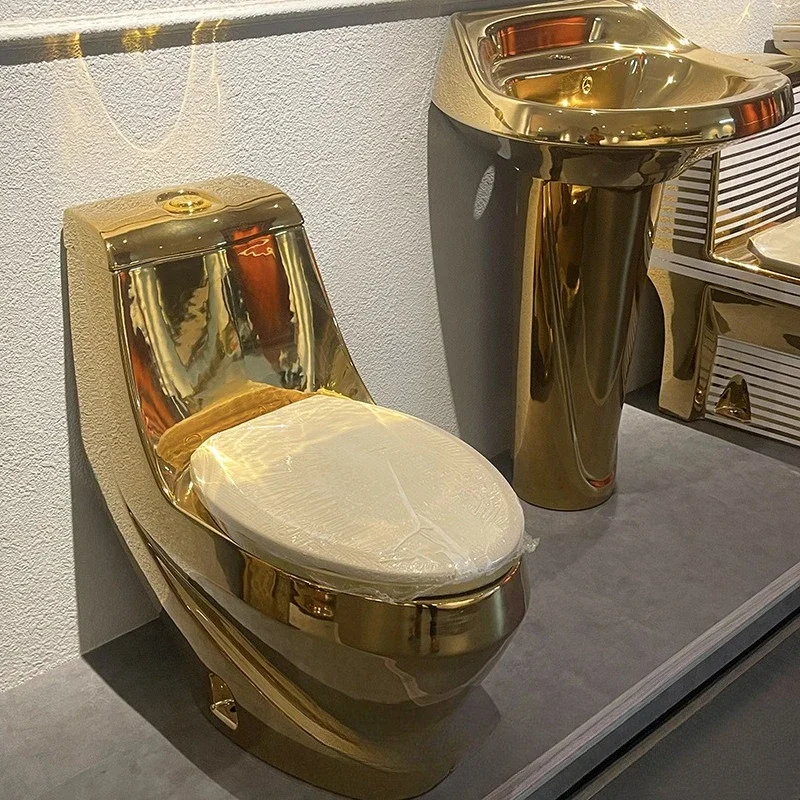 Electroplated gold toilet, ceramic outlet horizontal row strong row local tyrant gold toilet, gold washstand column basin