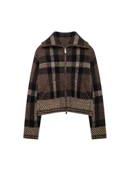 Willshela Women Fashion Plaid Front Zipper Bomber Jackets Vintage Lapel Neck Long Sleeves Female Chic Lady Outfits