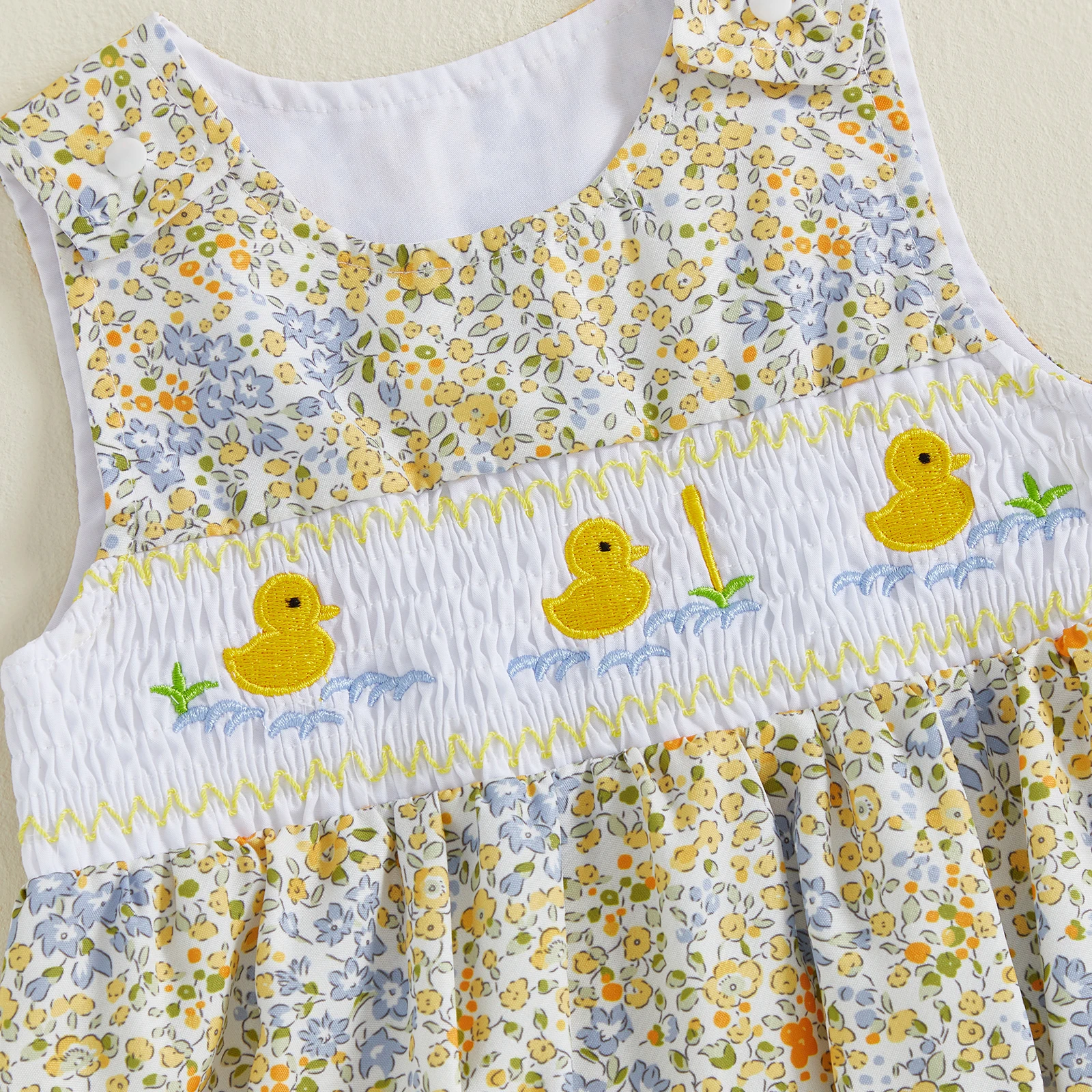 

Милый летний комбинезон для маленьких девочек с вышивкой в виде утки, без рукавов, с круглым вырезом, с цветочным принтом, сладкий комбинезон-боди, солнцезащитный комбинезон