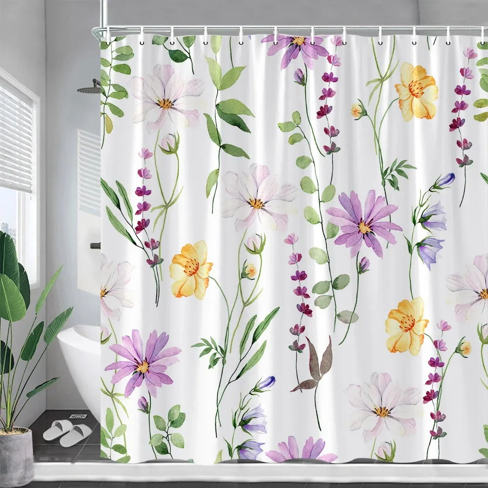 Rustic Floral Shower Curtains Watercolour Flowers Plants Leaves Modern Minimalist Spring Bathroom Decor Fabric Bath Curtain Sets