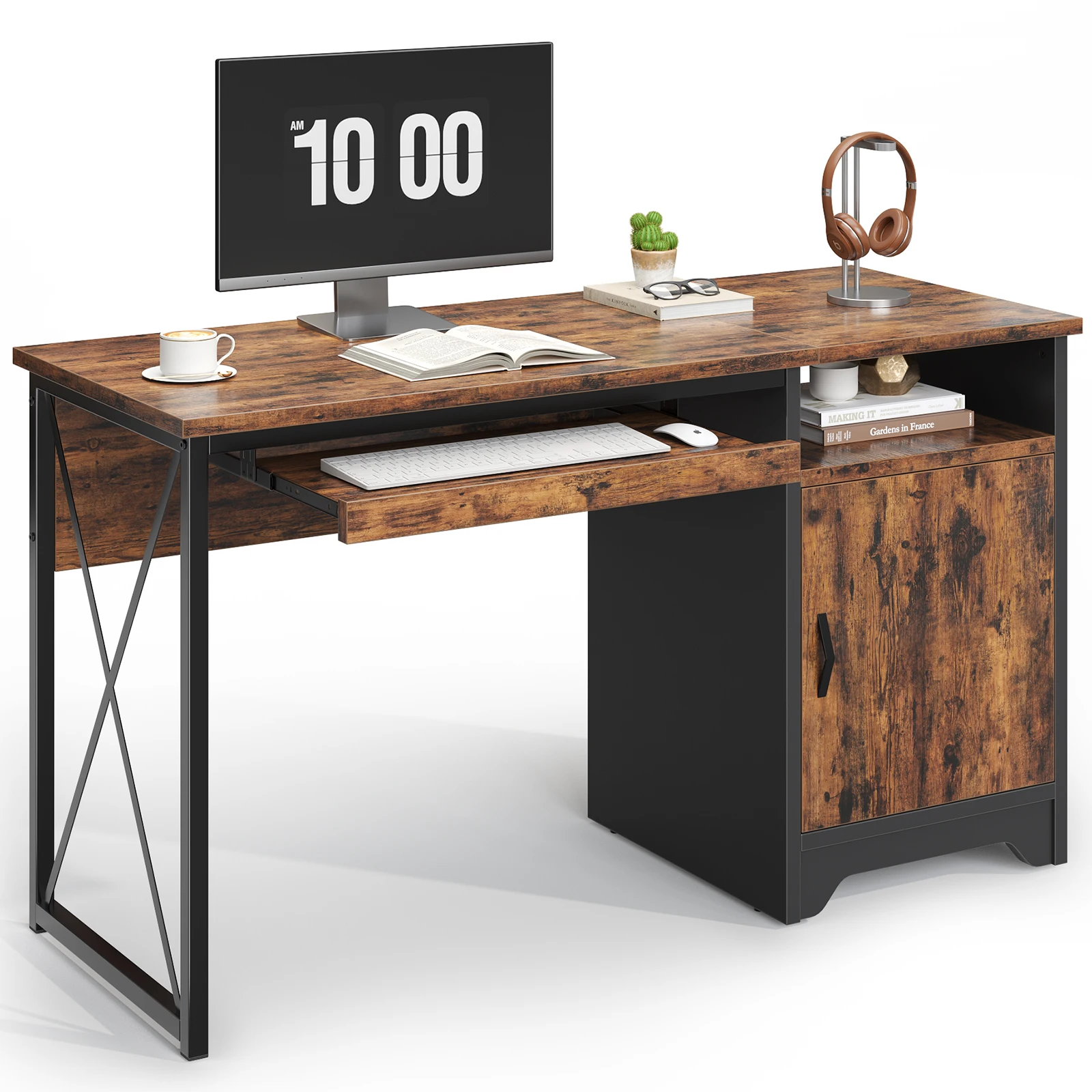 

NOST&HOST Office Desk with Keyboard Tray, 47 inch Industrial Computer Desk with Storage, Reversible Executive Desk with File Cabinet for Home Office Bedroom, Rustic Brown
