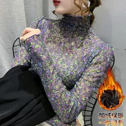 2023 Autumn and Winter Women's New Velvet Fragmented Lace Top Korean Mesh High Neck Long Sleeve Comfortable Bottom Top