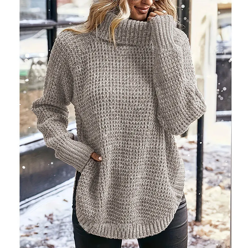 2025 Autunno e Inverno Moda Nuove donne Elegante maglione diviso lavorato a maglia Spessore allentato Collo alto Caldo retro Felpa con cappuccio in lana