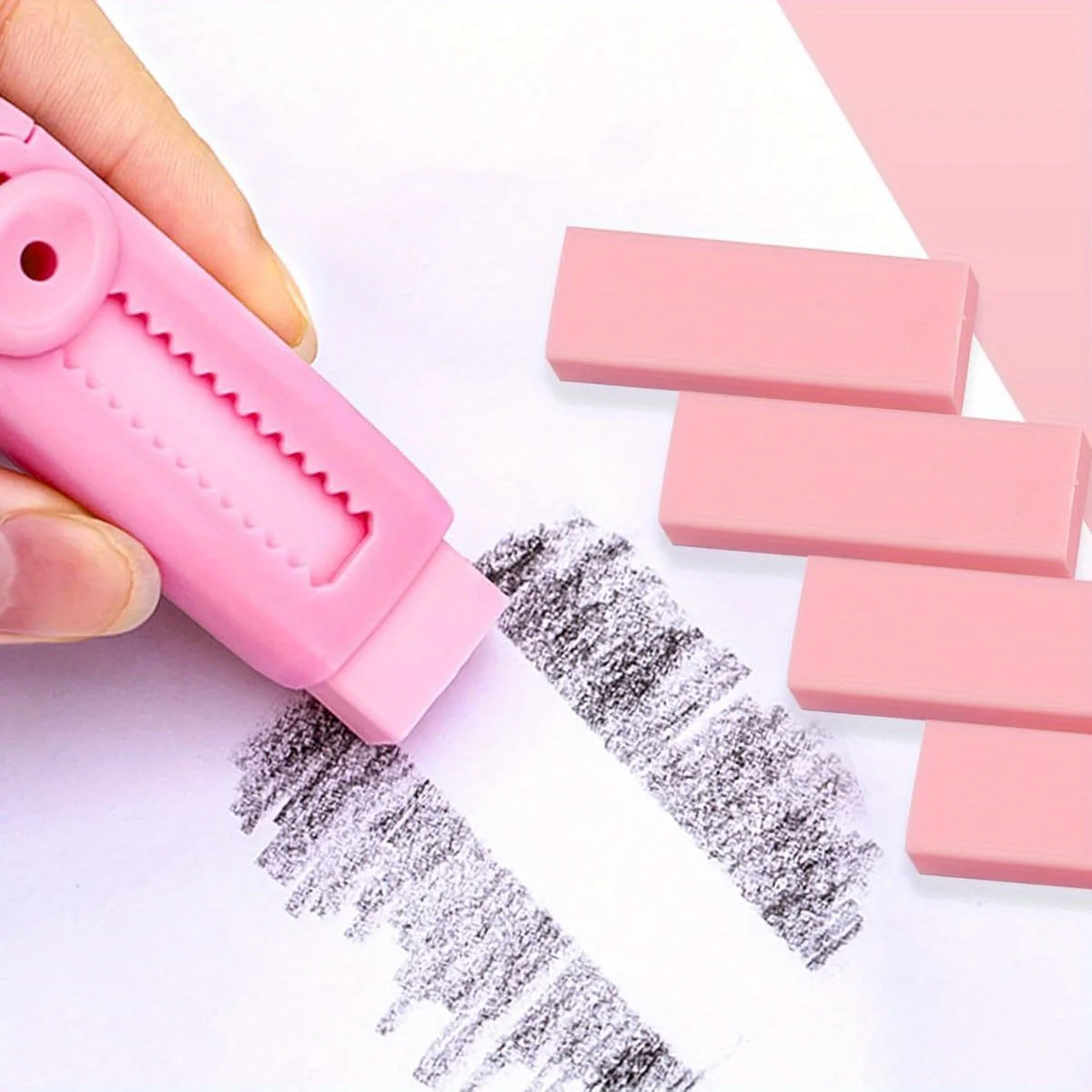 4-pack extendable pencil eraser set, made of soft rubber and PVC material, rectangular design, adjustable length