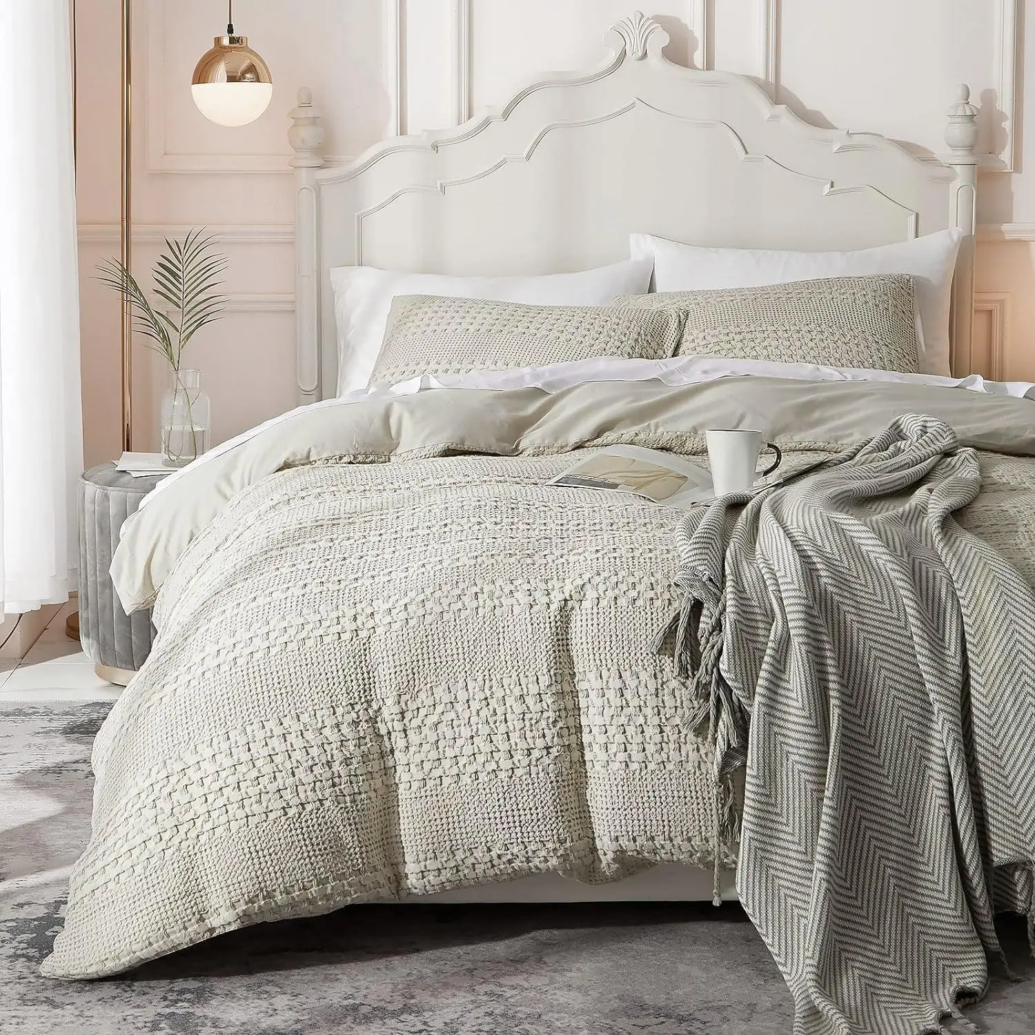 

Duvet Cover King Waffle Weave Duvet Cover Set 100% Cotton Textured Khaki Duvet Cover Cozy Soft Breathable King Duvet Cover