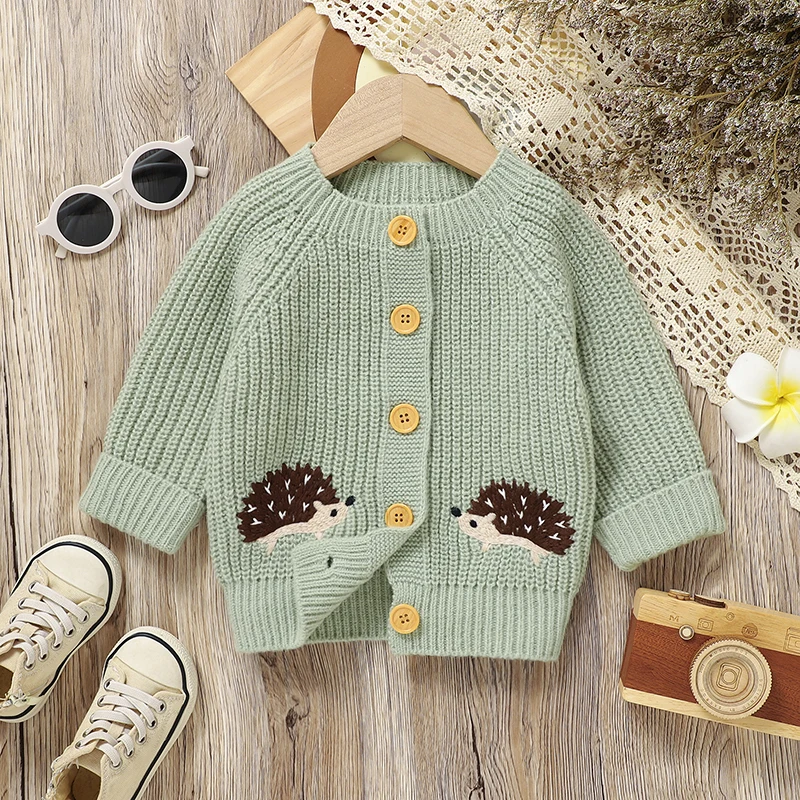 Baby Girl Sweaters Knitted Infant Boy Kid Cardigan Long Sleeve Newborn Children Clothes Cute Embroidered Hedgehog Tops Outerwear