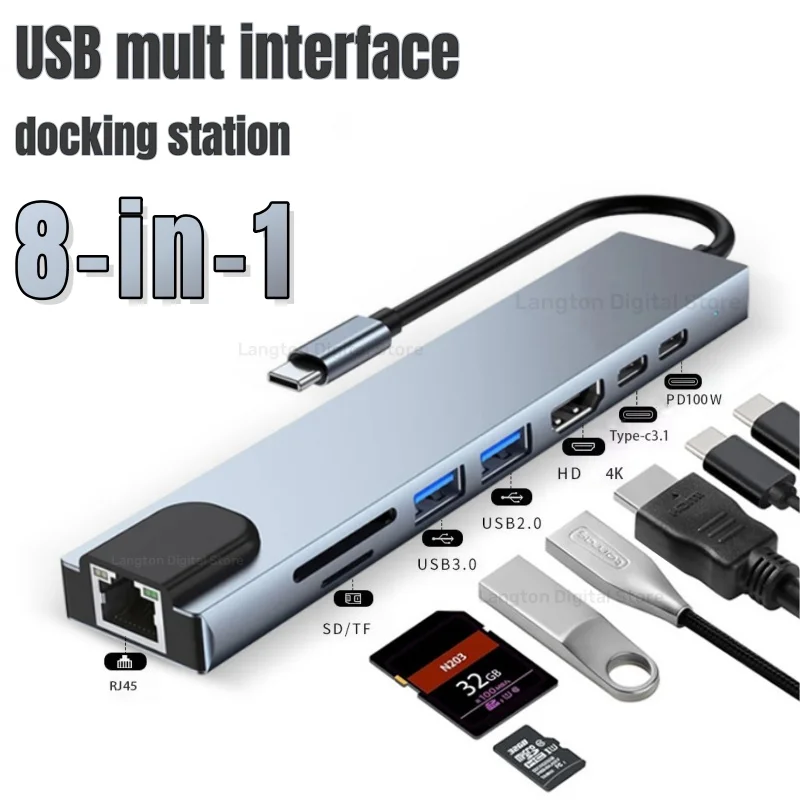 

8 Ports USB 3.0 Type C HUB Expander Splitter 8 IN 1 With RJ45 SD/TF Card Reader PD Fast Charge For Laptop Computer PC Hard Drive