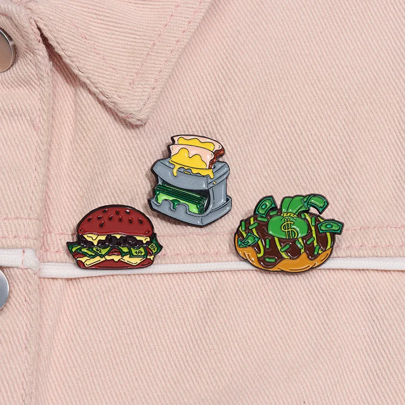 Cartoon Dollar Emaille Pins Geldbörse Get Rich Banknoten Rose Topf Schmetterling Geld Tasche Schwein Burger Geld Abzeichen Broschen Schmuck Geschenk