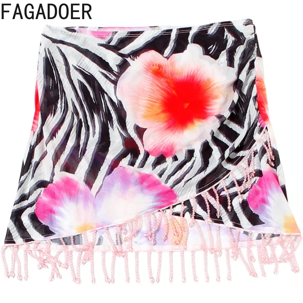 FAGADOER Y2K Sexy Pattern Printing Bodycon Mini Skirts Woman Irregular Pearl Tassel Patchwork Skirt Hot Girls Streetwear Bottoms