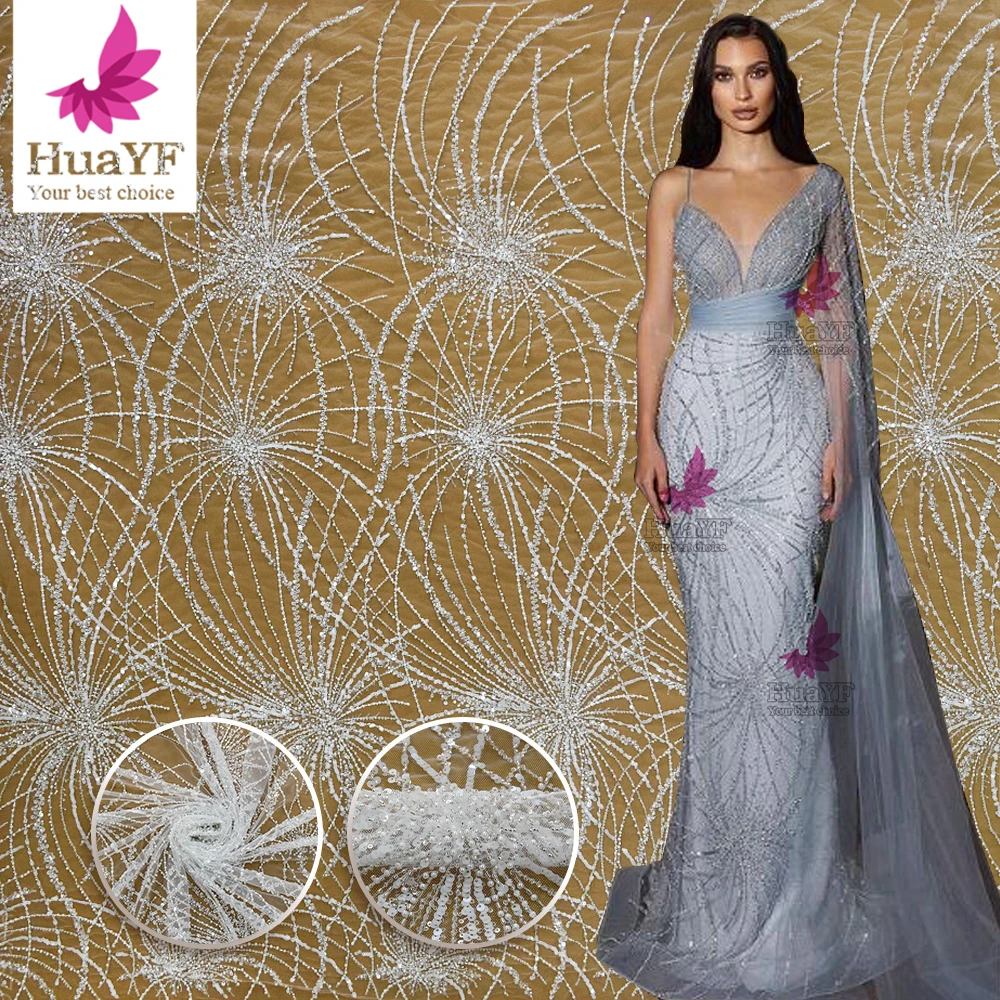 

1 Yard High Quality White French Beaded Mesh Lace Sequin Pearl Bridal Lace Female Wedding Dress Fabric HY1676
