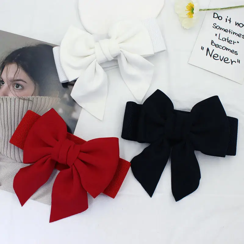 Women's Bow Waistband Versatile Sweet Pure Cotton Fabric Bow Elastic Belt Elastic Broadband Dress Decoration