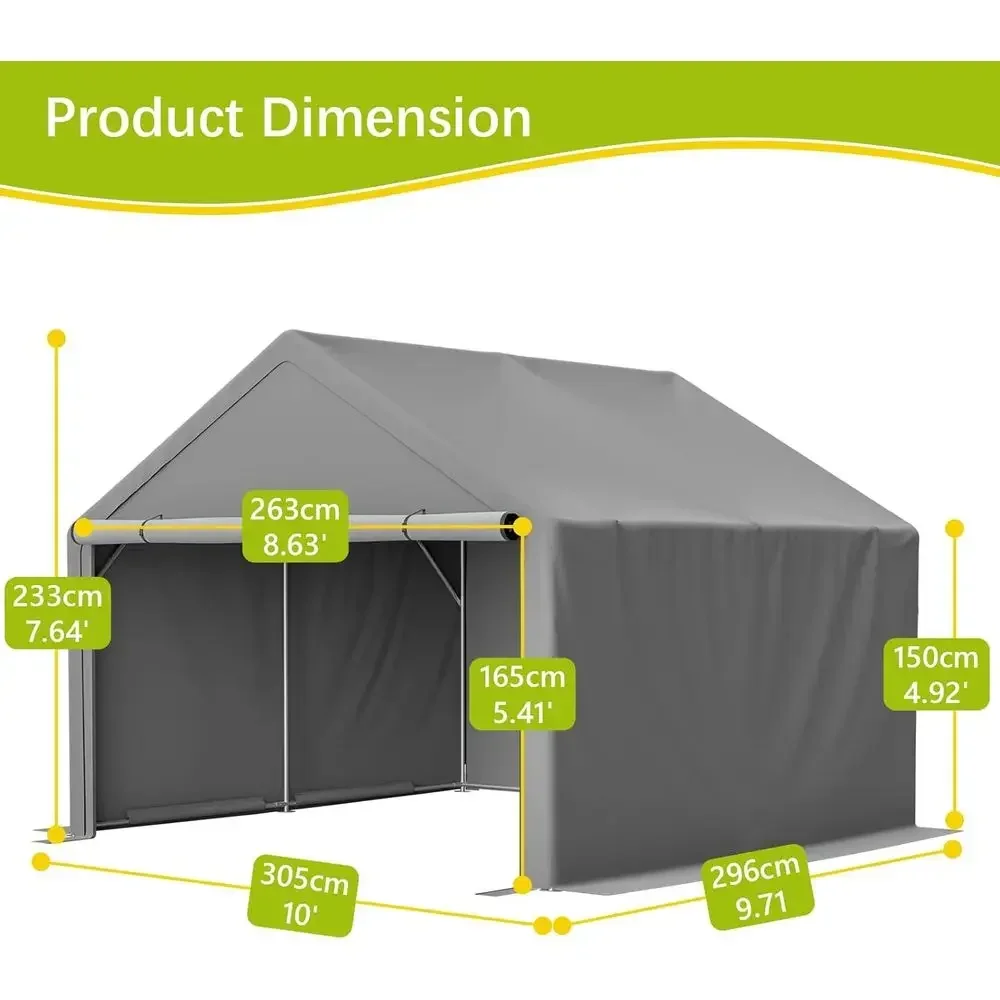 10x10 Outdoor Storage Tent with Roll-Up Door, Portable Shelter for Vehicles, Lawn Mower, Bike, Motorcycle - Gray